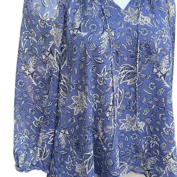 Lane Bryant Blue and White Floral Blouse gold glitter sheer Elastic bell sleeve - Picture 4 of 5